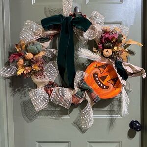 Vintage Scarecrow Fall Wreath with Velvet Bow, Pumpkins & Rustic Plaid